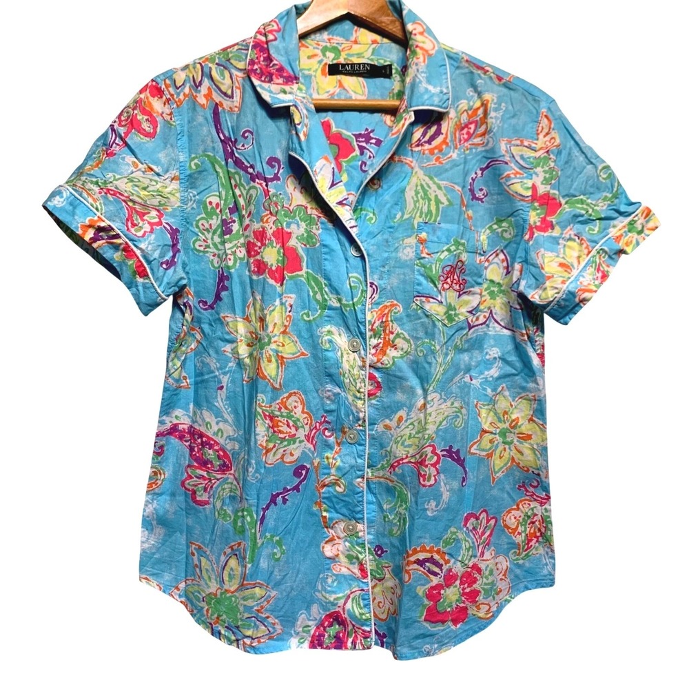 Lauren Ralph Lauren Pajama Top Large Floral Paisley Cotton Shirt Coastal Color